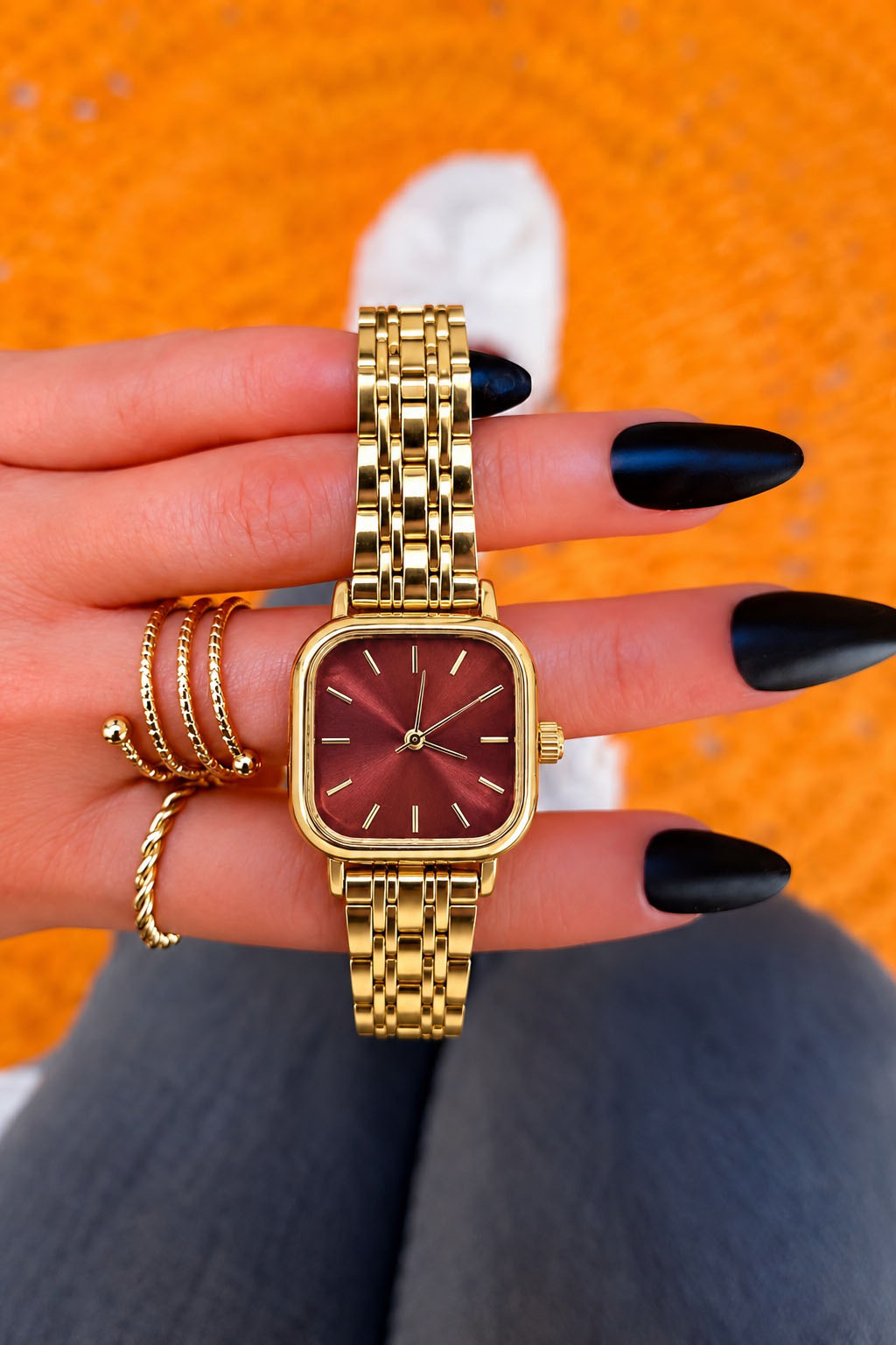 Retro Minimal Kare Kadran Kadın Kol Saati Gold Kahverengi