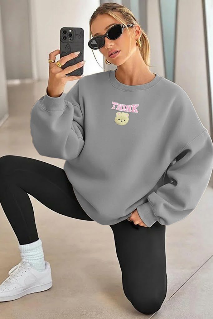 Kadın Kuzu Nakışlı Bisiklet Yaka Basic Oversize Sweatshirt Antrasit