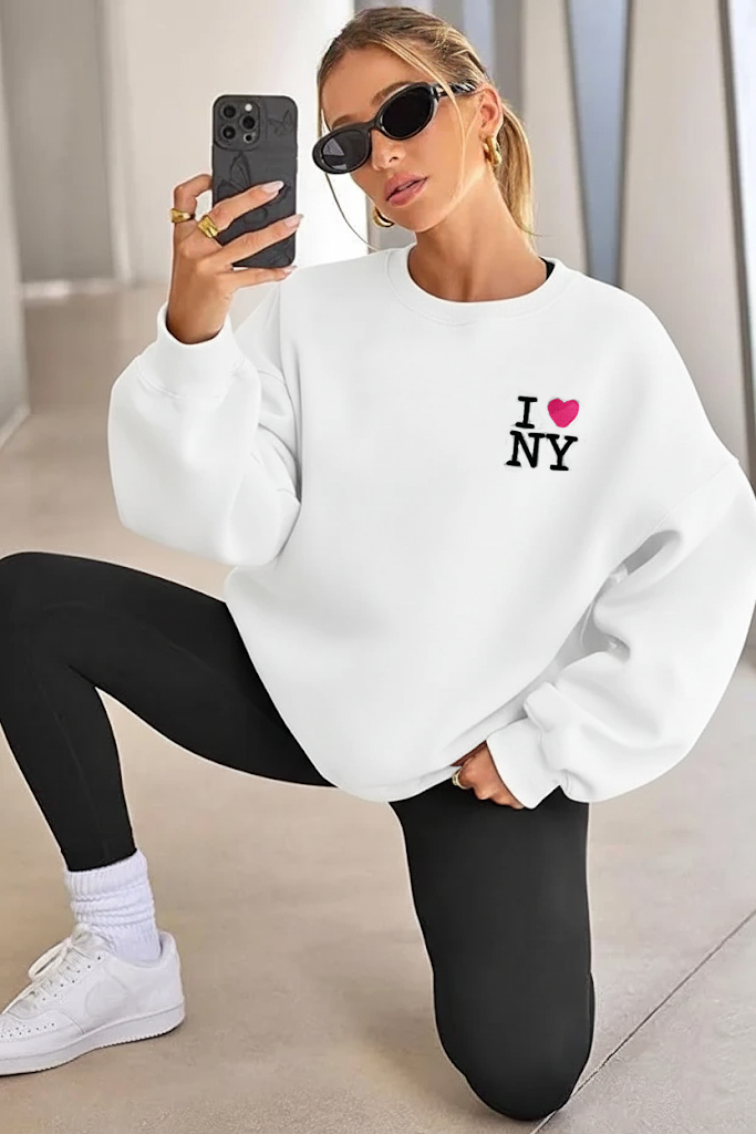 Kadın Nakışlı Bisiklet Yaka Basic Oversize Sweatshirt Beyaz