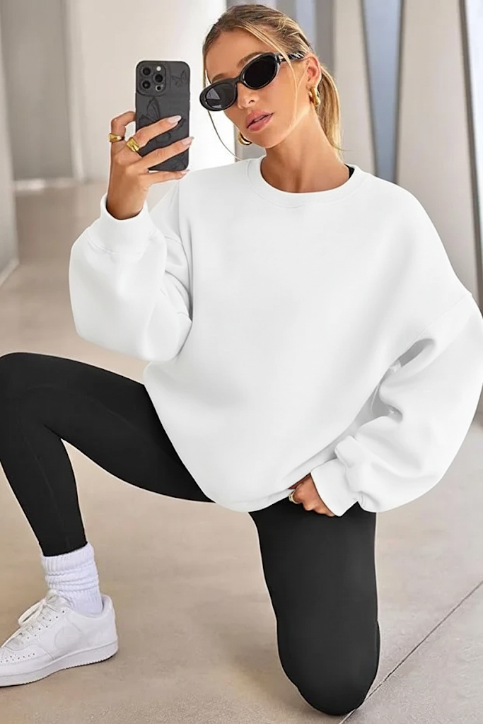 Kadın Bisiklet Yaka Basic Oversize Sweatshirt Beyaz