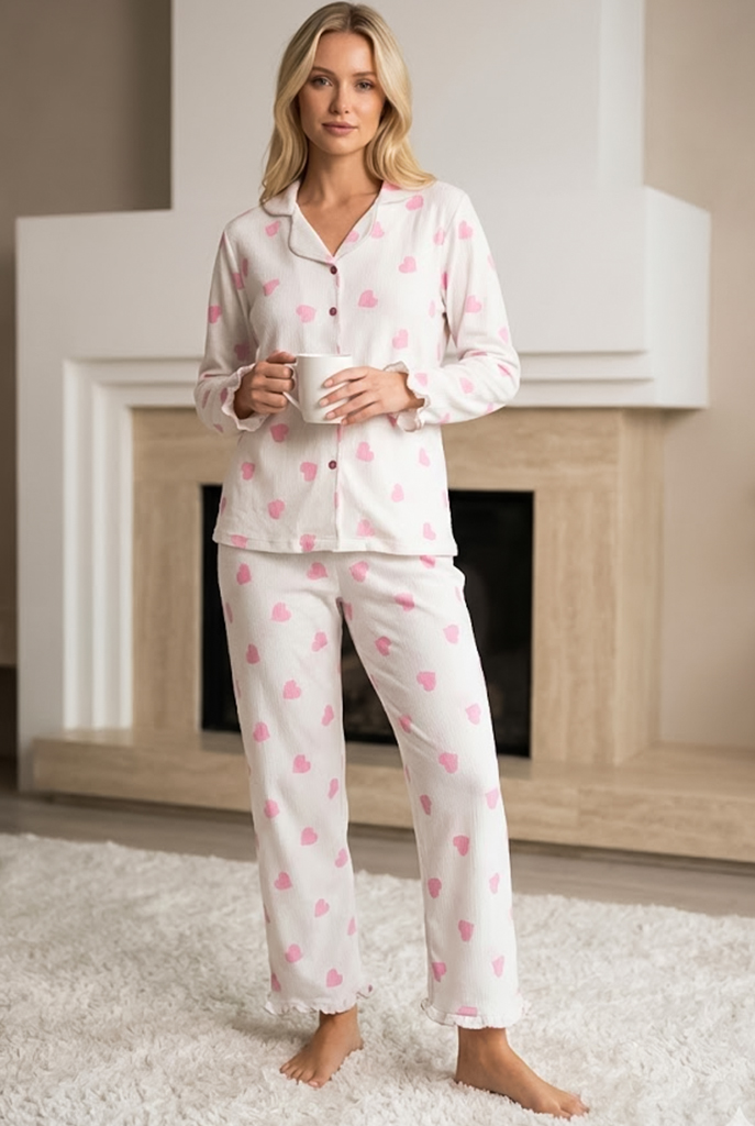 Düğme Detaylı Baskılı Kadın Bürümcük Pijama Takımı Kalpli