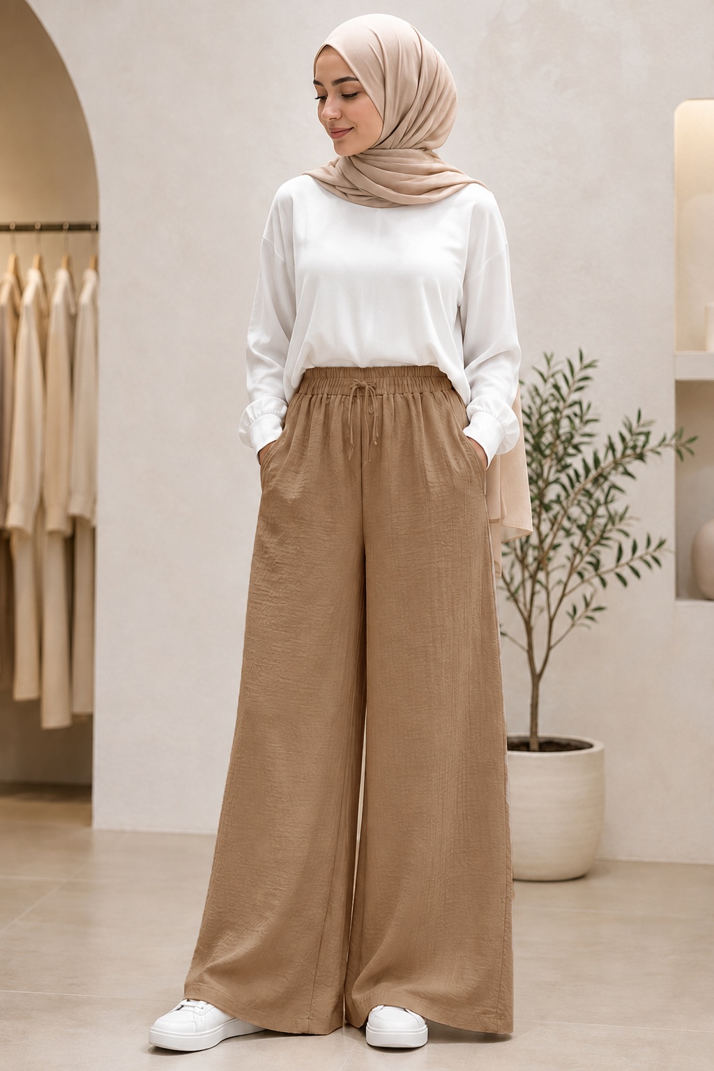 Kadın Beli Lastikli Bağcıklı Cepli Dokulu Bol Paça Keten Pantolon Vizon