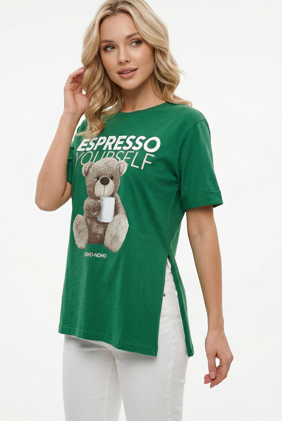 Yırtmaç Detaylı Baskılı Kadın Oversize T-shirt Yeşil