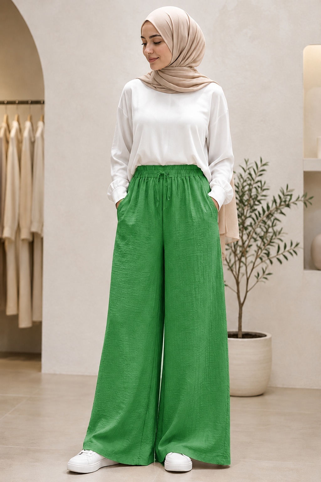 Kadın Beli Lastikli Bağcıklı Cepli Dokulu Bol Paça Keten Pantolon Yeşil